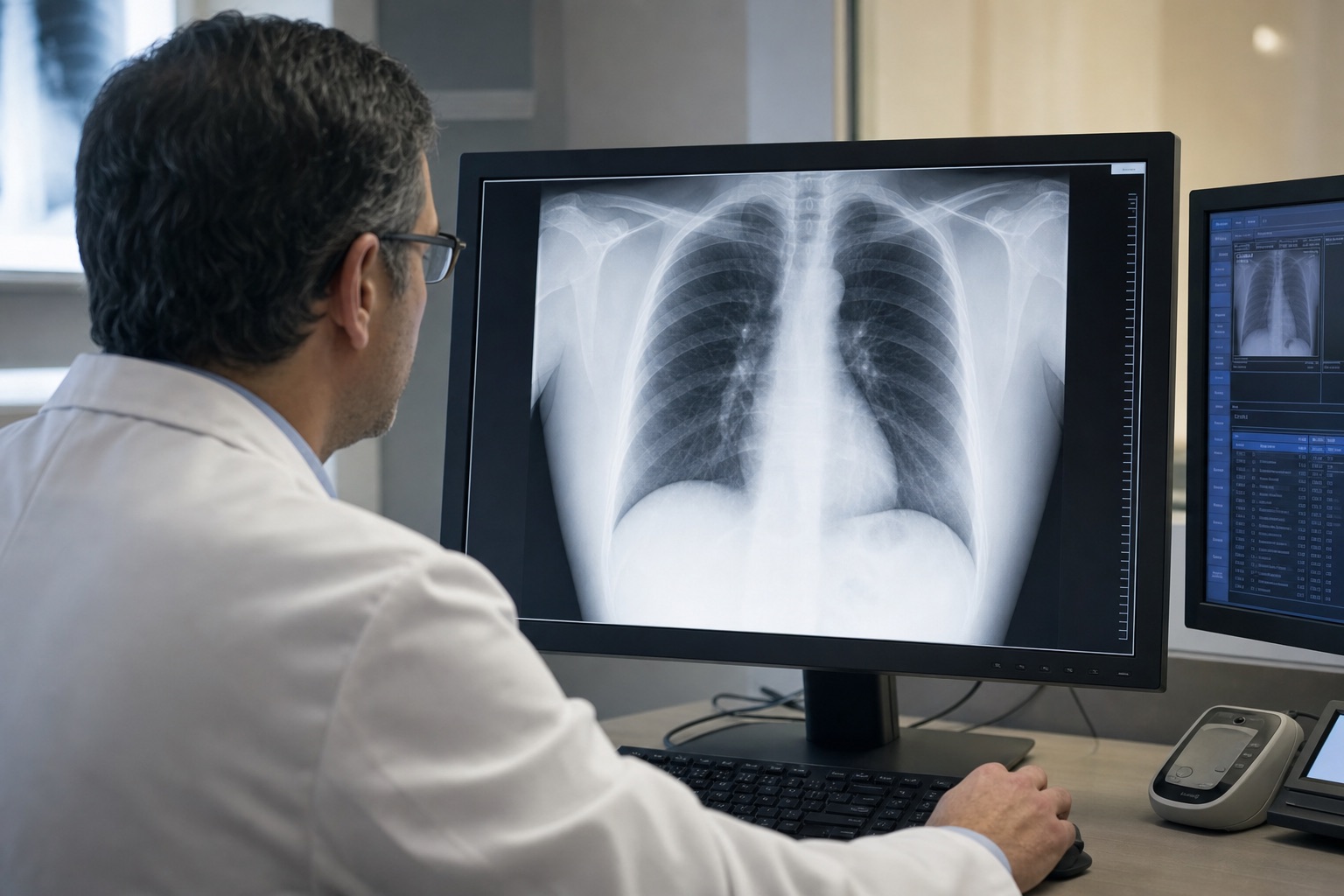 Radiologist reviewing a chest X-ray on a diagnostic workstation